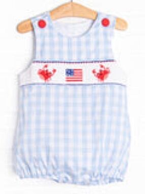Blue Gingham Embroidered Crab One-Piece for Kids